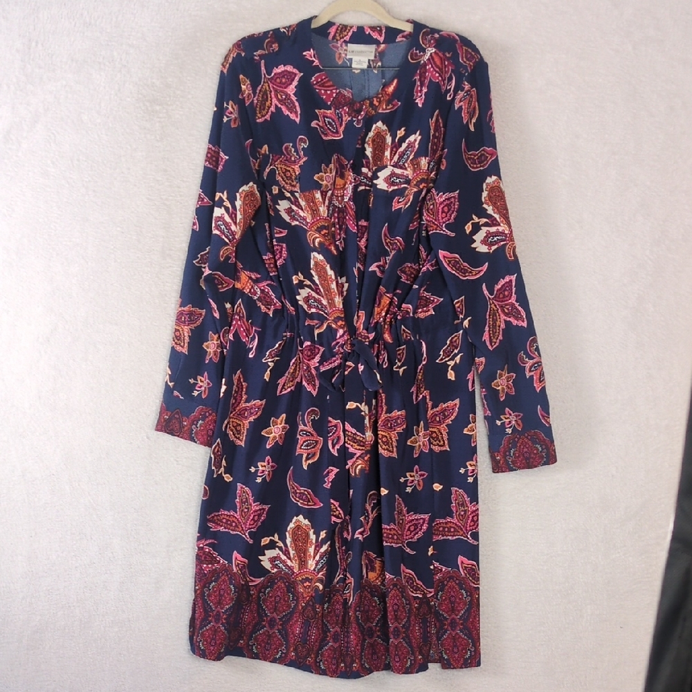Liz Claiborne Womens Paisley Navy Long Sleeve Modest Midi Dress Size L